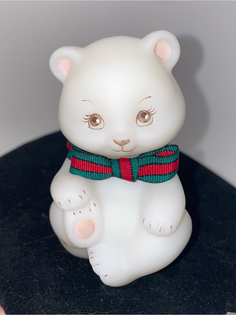 Fenton White Satin Glass Bear Figurine Wearing Plaid Ribbons Artist Signed